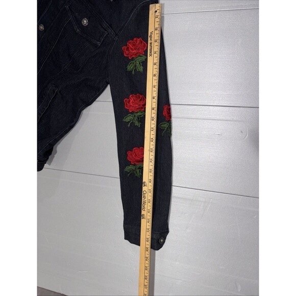 HAODUOYI Women’s XL Black Denim Jacket Embroidered Roses - Picture 15 of 16